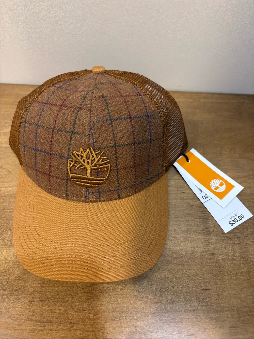 Timberland Tan Plaid Mesh Trucker Logo Cap NWT - Picture 2 of 5